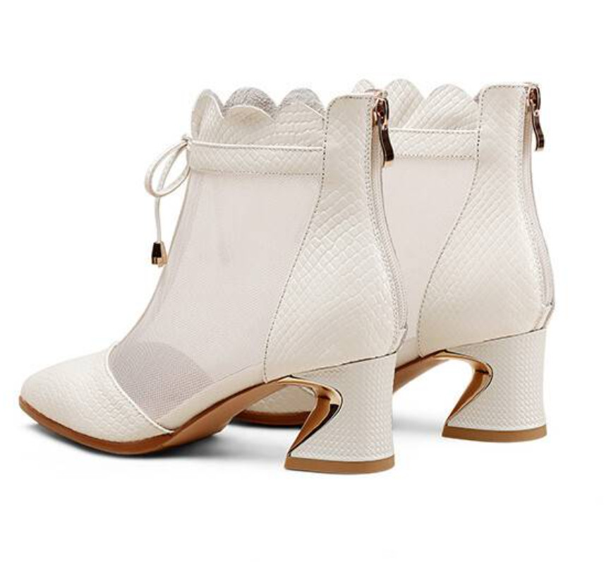 Women’s Mesh Leather Sandals Block Heel Ankle Boots Pointy Toe Back Zip Shoes OL