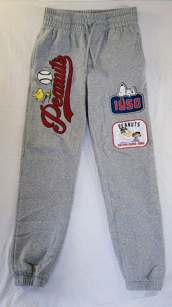 Peanuts Est 1950 Grey Sports Patches Sweatpants Sz XXS 00 Womens Snoopy Charlie