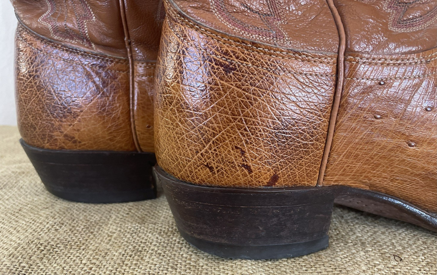 VTG J Chisholm Men Size 11.5D Full Quill Ostrich Leather Cognac Cowboy Boots USA
