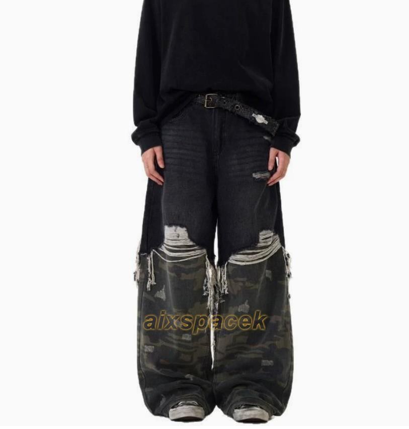 Men Black Camouflage Mixed Denim Jeans Straight Leg Casual Punk Hip Hop Trousers