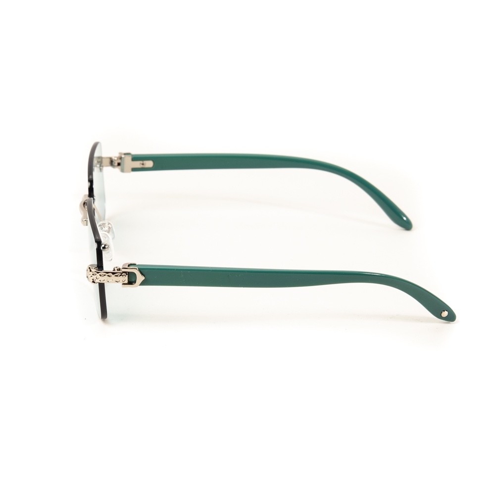 Mens Turquoise Tint Rimless Silver Frame Vintage Leopard Head Sunglasses