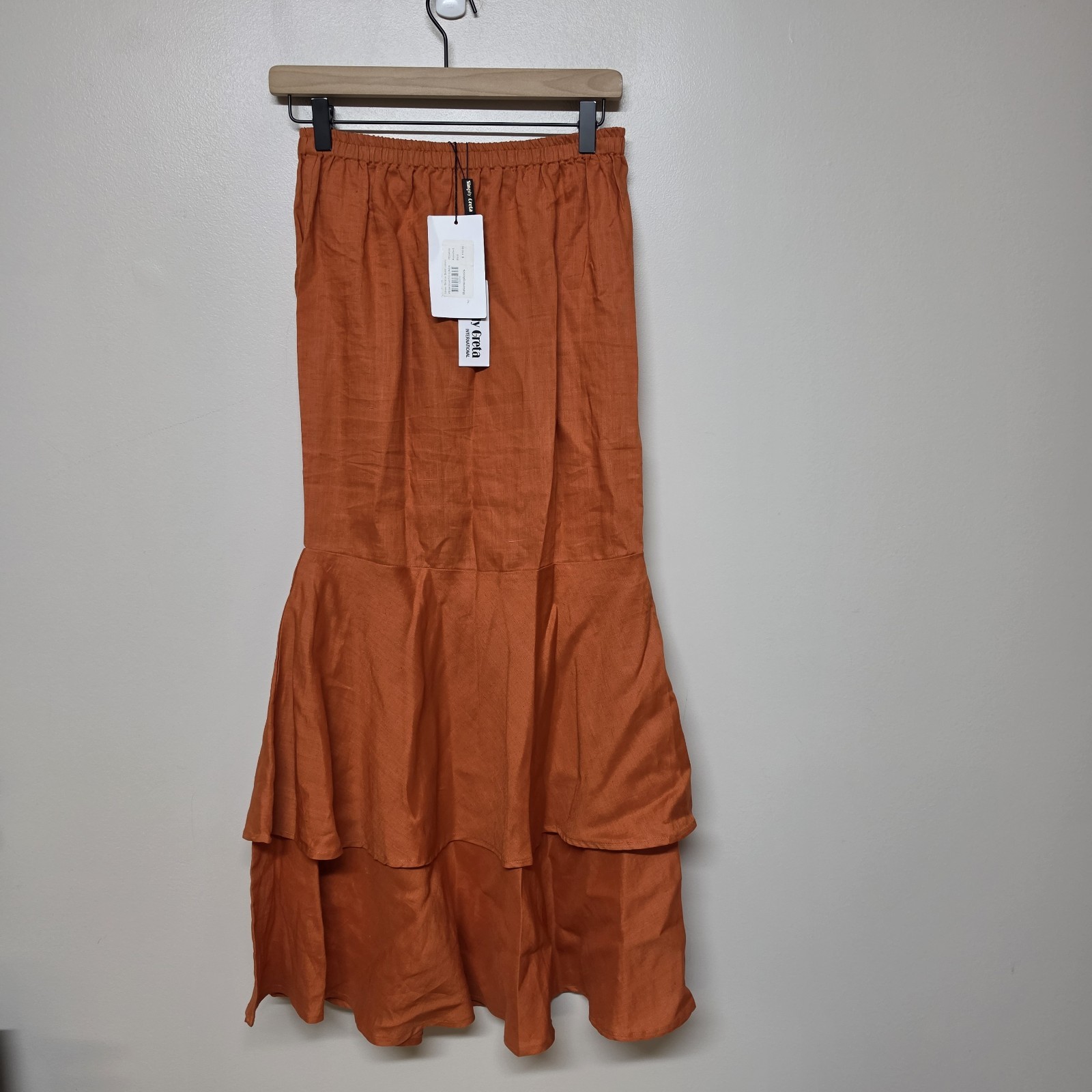 Simply Greta Linen Skirt M Burnt Orange Tiered Midi Boho Elastic Waist NWT