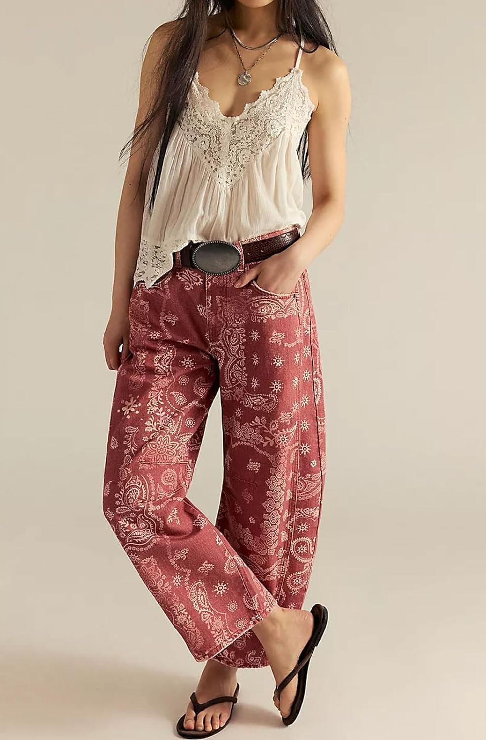 Loveimgs Women Boyfriend Baggy Barrel Jeans Floral Print Denim Ankle Pants SMALL