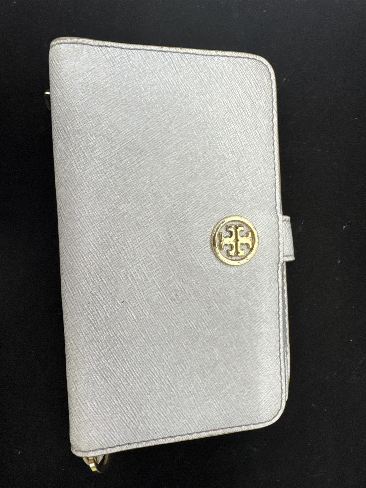 Tory Burch Wallet Coin Purse Card Holder Keychain Silver Leather
