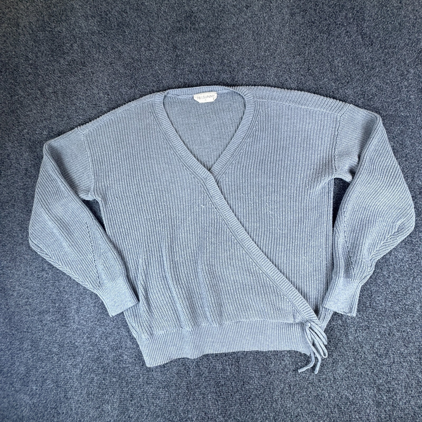78&Sunny Wrap Sweater Womens Large Gray Chunky Knit V Neck School Walking Winter