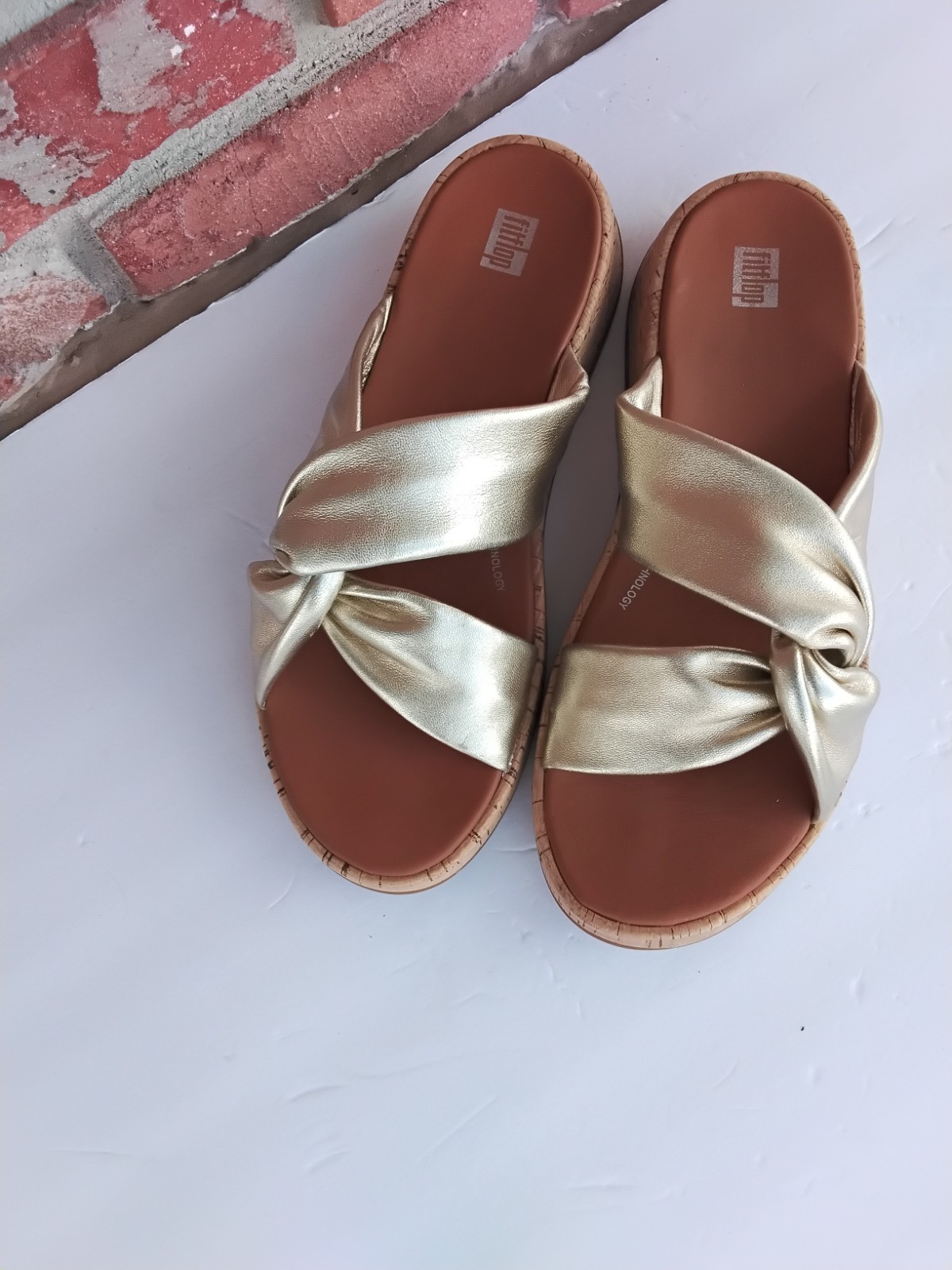 FitFlop F-Mode Twist Platform Gold Leather Slide Sandals US 10 Eu 42