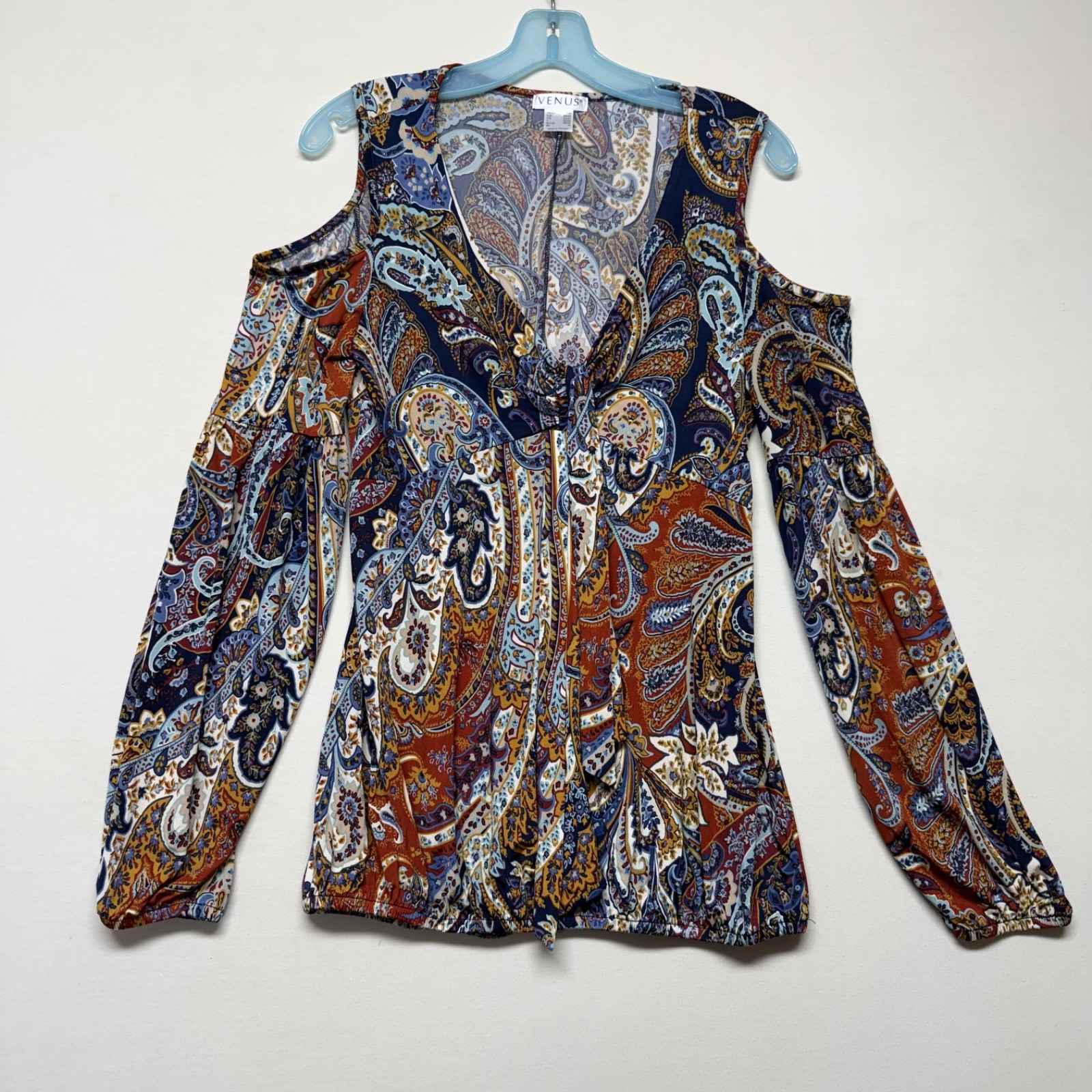 Venus Women’s Cold Shoulder Top Medium Paisley Print Twist Front V Neck
