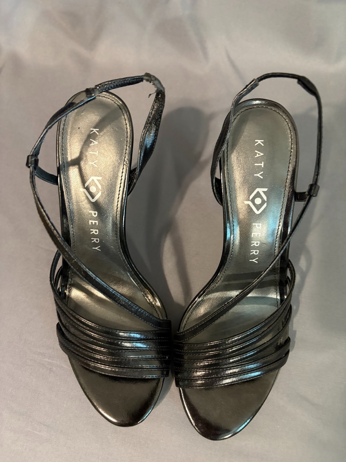 Katy Perry Bryson Black Metallic Strappy Heels 6.5M NIB 4″ Slingback Pumps