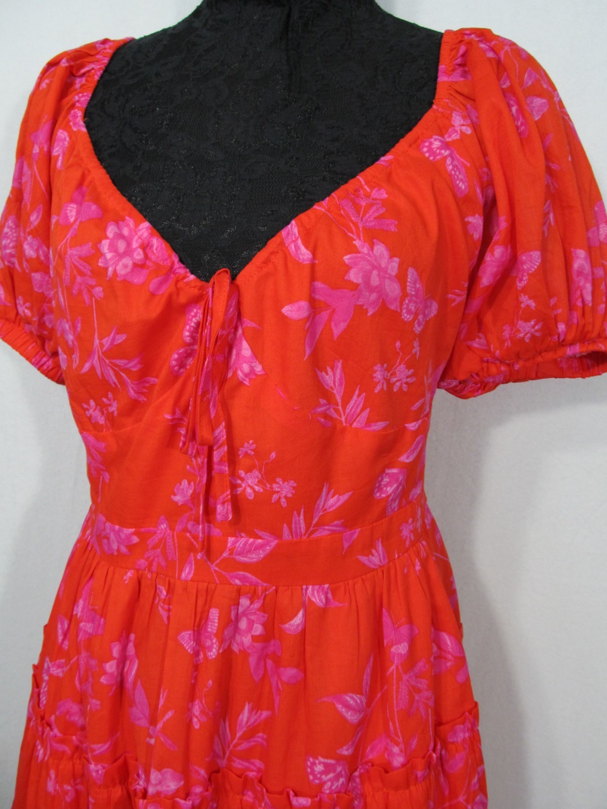 Sugarlips Avalon Puff Sleeve Dress Size Large Red/Fushia Cottage Core