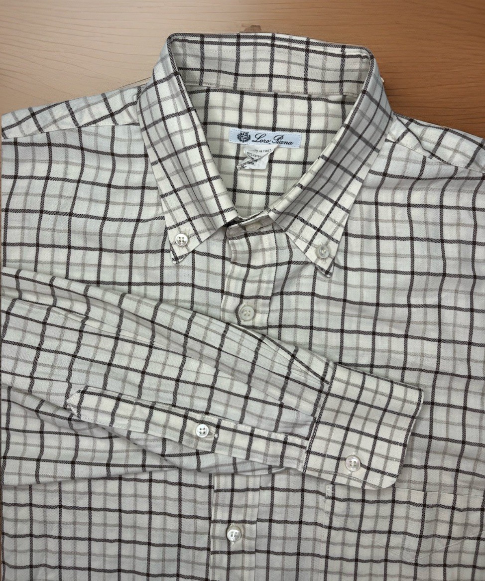 Loro Piana Button Down Dress Shirt Men’s Large Plaid Cotton 20% Wool Made Italy
