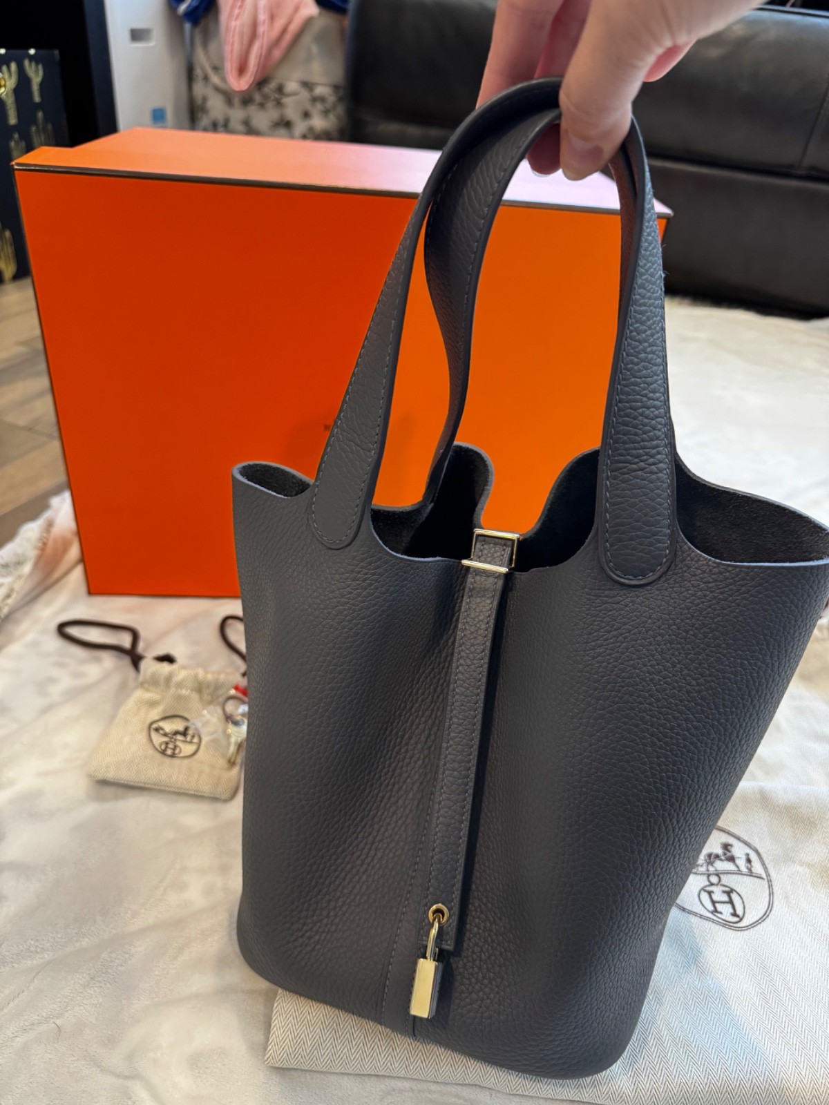 Rare Combo 2024 Hermes Clemence Leather Picotin 22 In Ardoise with Permabrass
