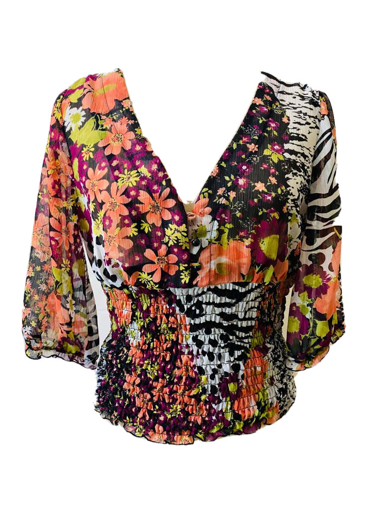 NWT B-Wear  Women’s Multicolor 3/4 Sleeves Blouse Sz L Sheer with Under Top