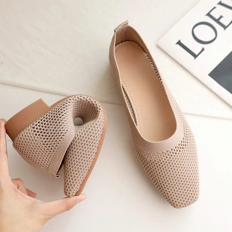 Women Breathable Mesh Flats Square Toe Slip On Soft Sole Casual Walking Shoes