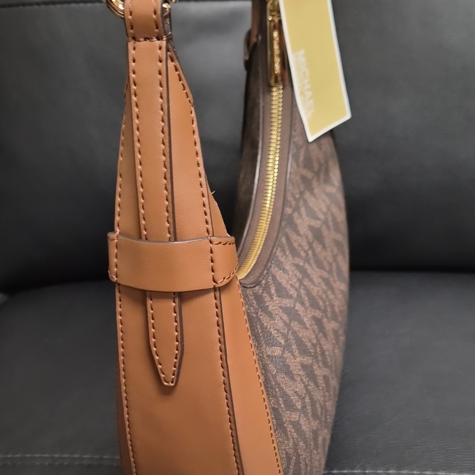Michael Kors Small Brown Logo Hobo Shoulder Bag Zip Top Adjustable Strap Gold