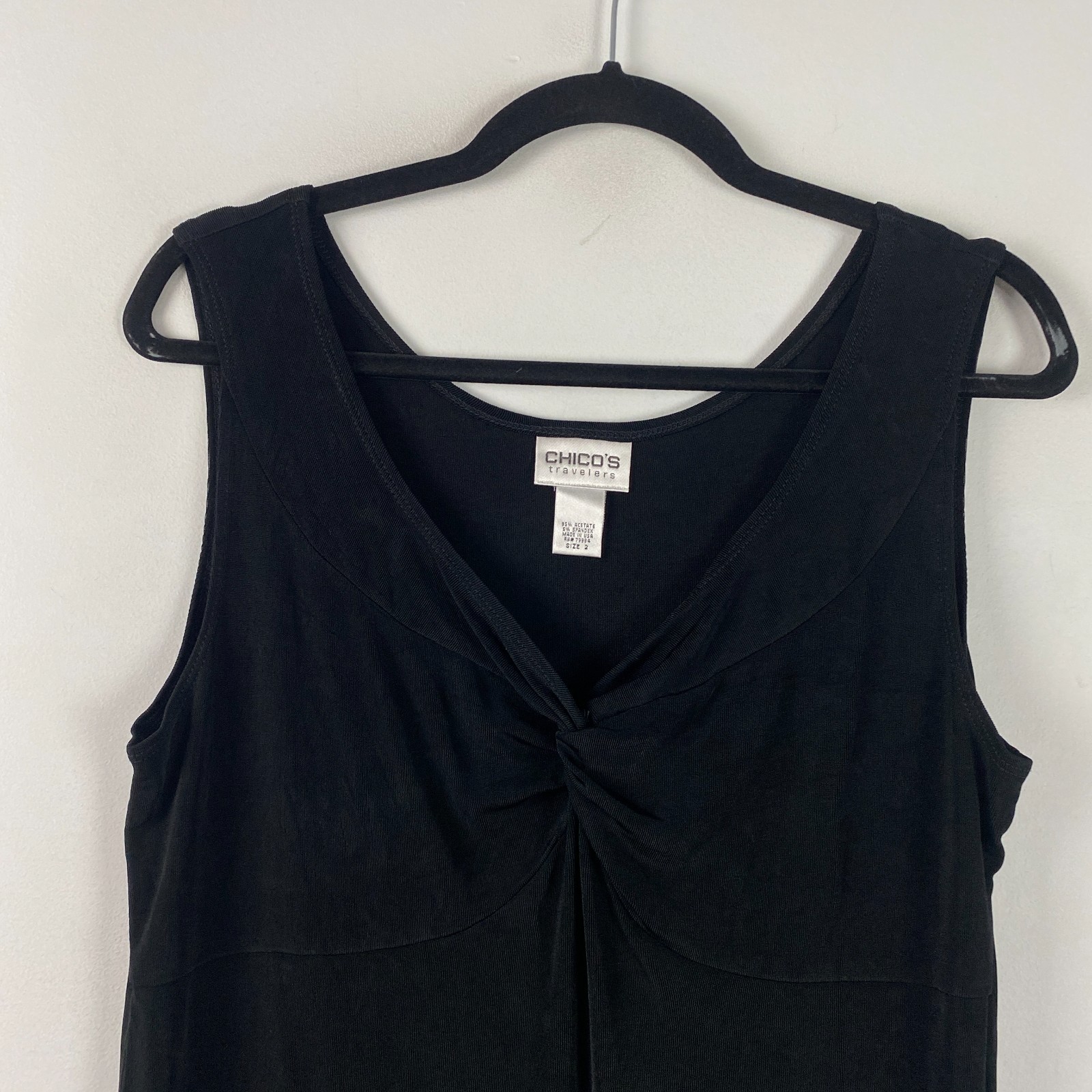 Chicos Travelers Twist Front V Neck Tank Top Size 2 US Large Slinky Knit Black