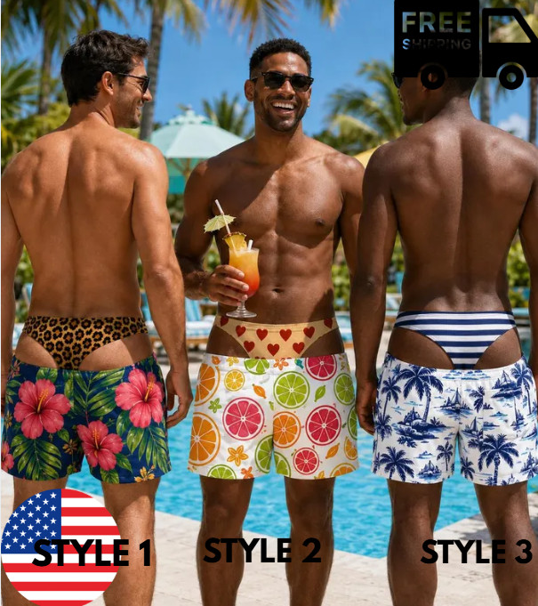 Custom Men’s Hawaiian Swim Shorts, Personalized Funny Beach Trunks, Tropical Vac