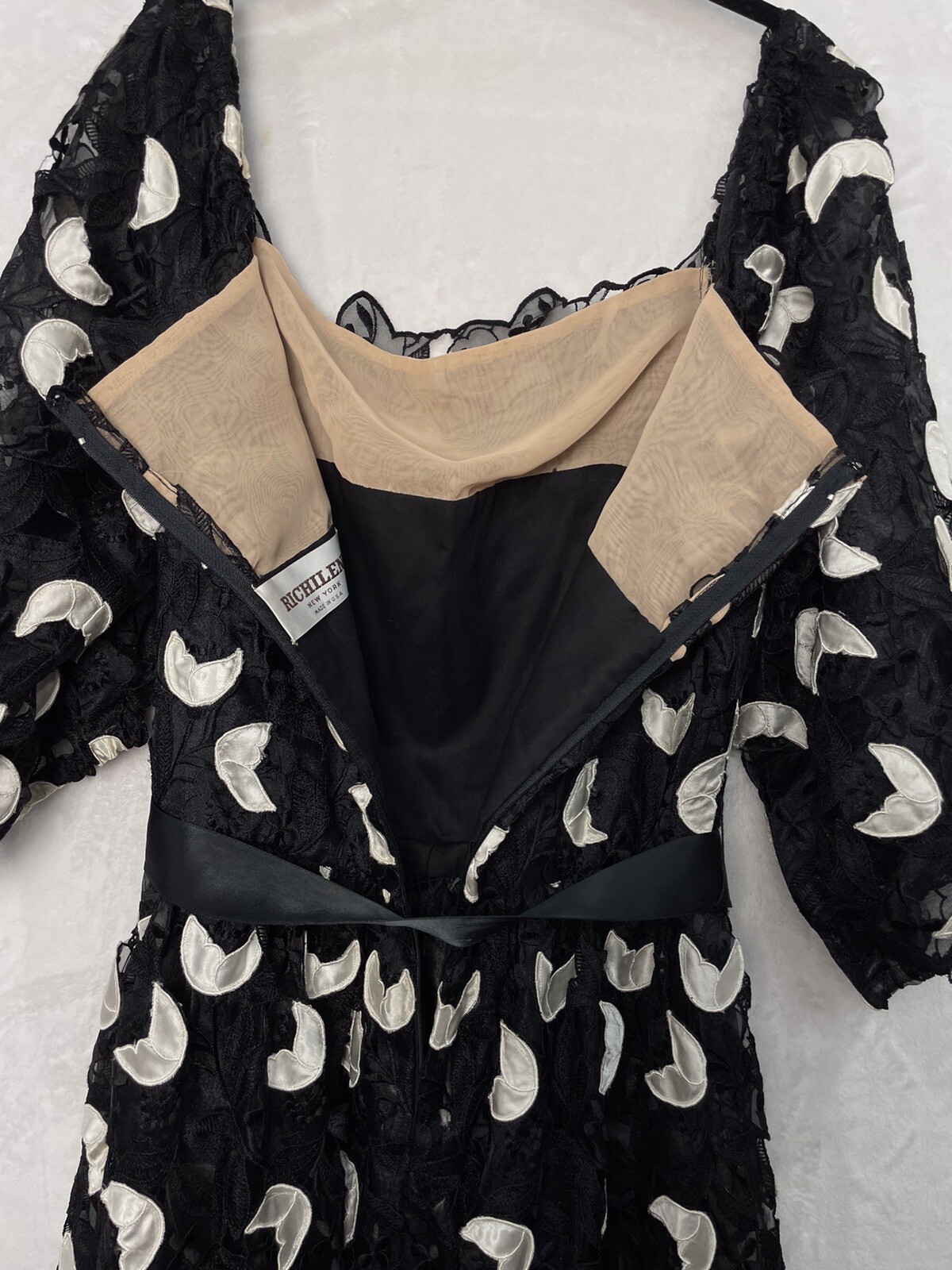 VTG Richilene New York Appliqué Dress Black White Floral Lace 14 L Union 80s USA