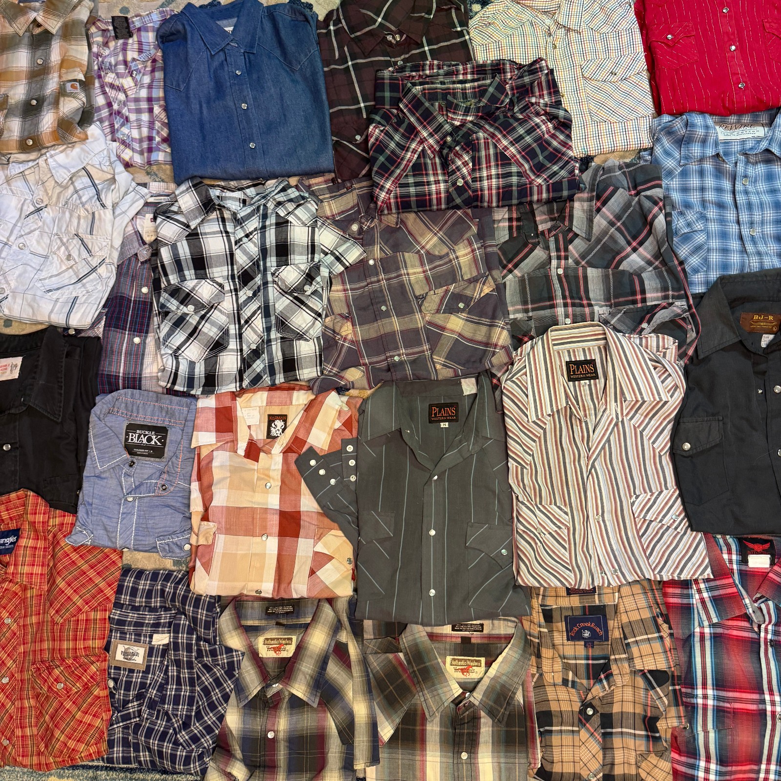 Lot of 25 Vintage Pearl Snap Shirts Various Mixed Size Western Cowboy Rodeo Work