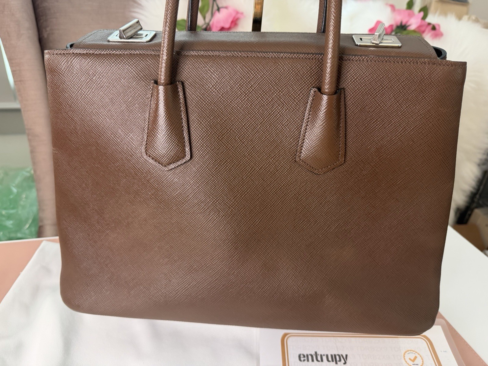 Prada Galleria Double Zip Tote Brown Saffiano Executive Handbag w/ 2 COA