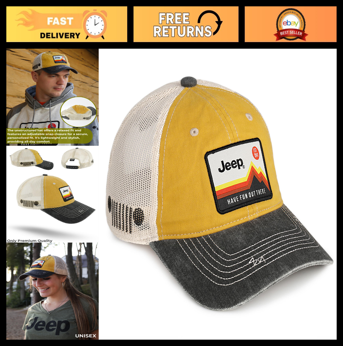 Unstructured Adjustable Snapback Trucker Hat – Garment Washed Baseball Cap for M