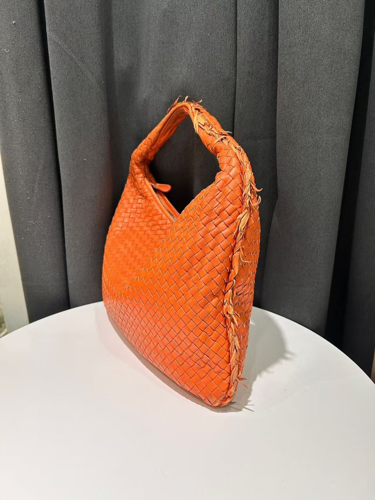Authentic Bottega Veneta Handbag Hobo Orange Intrecciato Woven Leather Italy