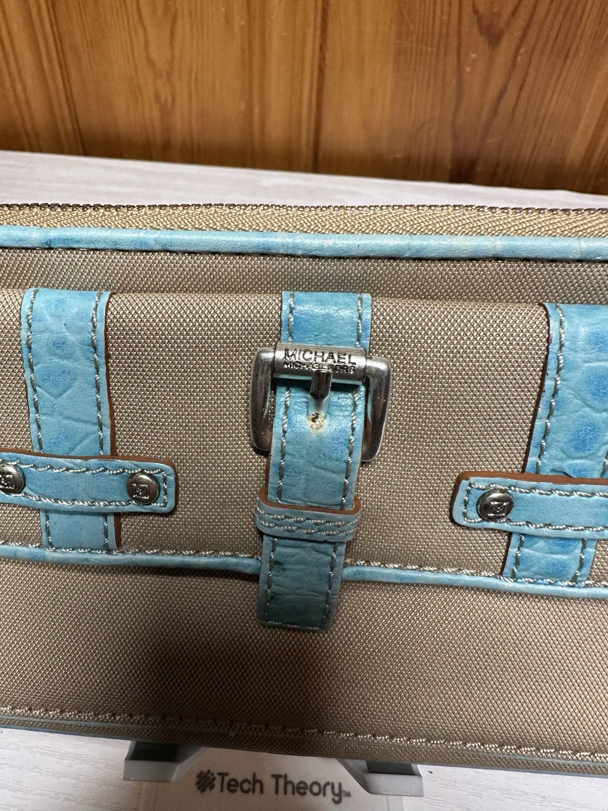 Michael Kors Beige & Light Blue Clutch Buckle Accent, Zipper, Silver Hardware
