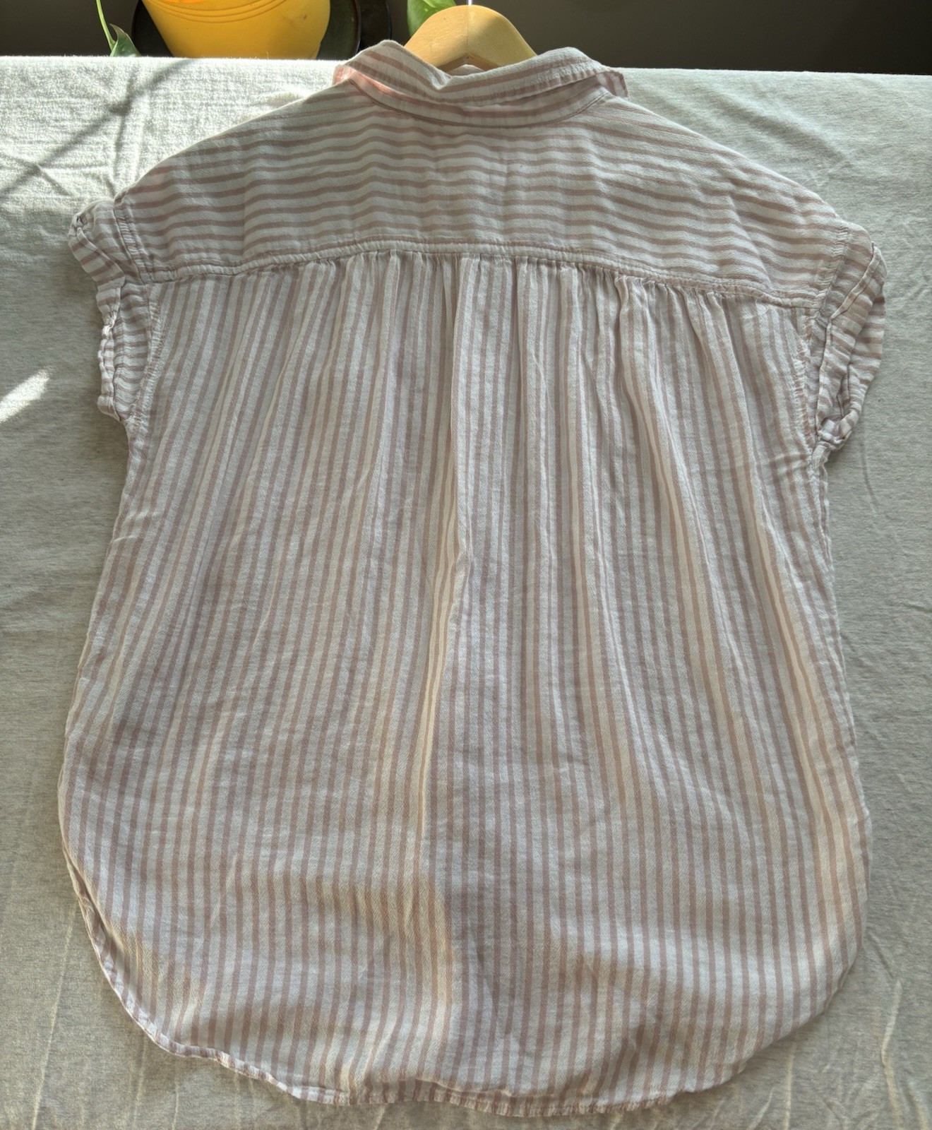 American Eagle Outfitters Pink/White Striped Button-Up Collared Cap Sleeve M