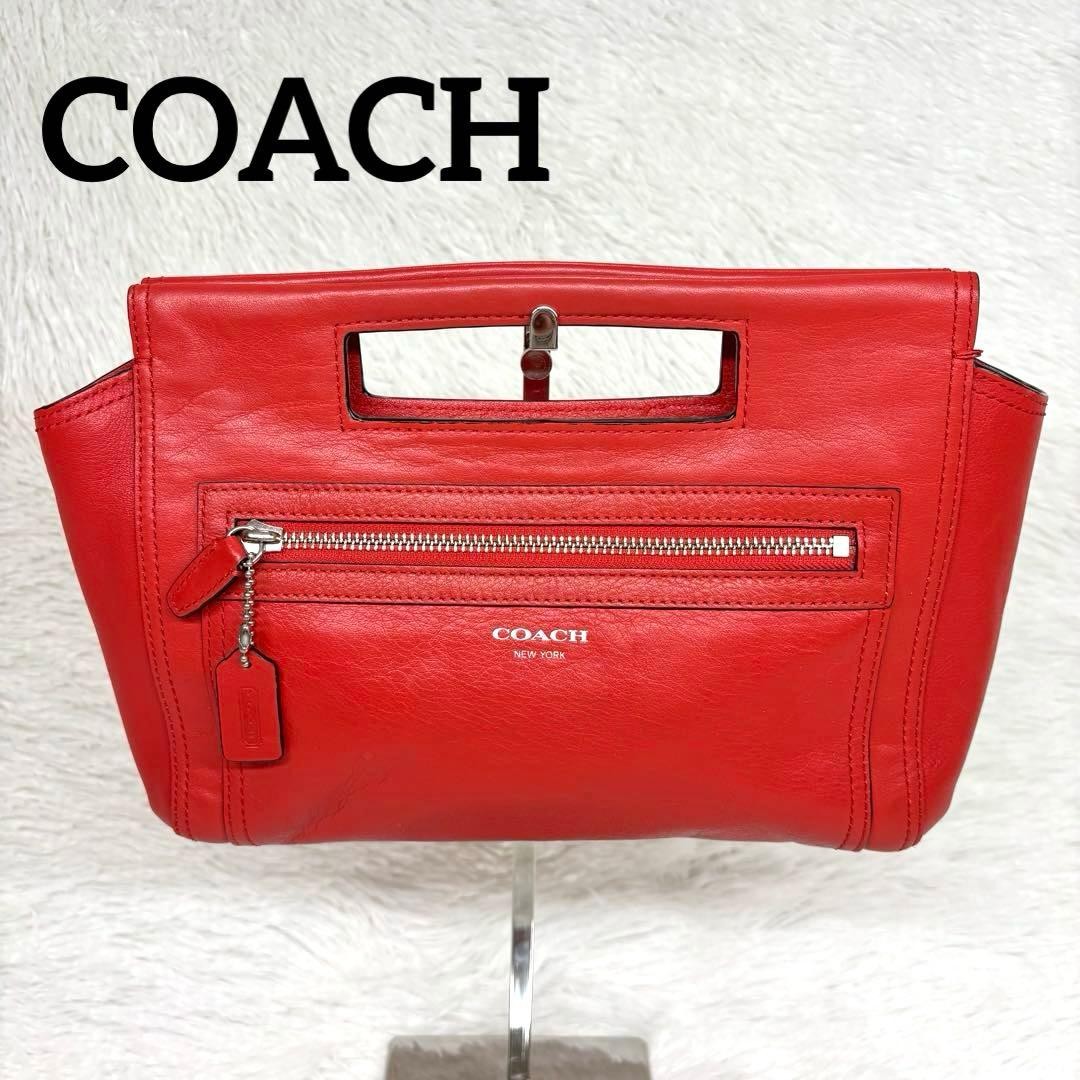 Coach Legacy Basket Clutch Handbag Red Leather 7.5×10.6×2.8in Used