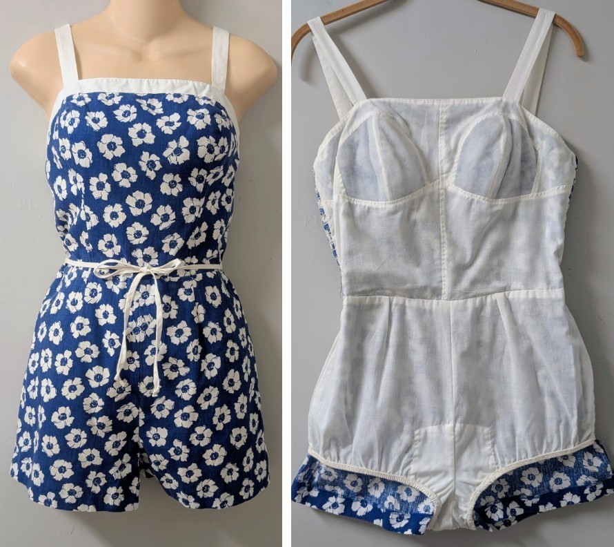 Vintage Sea Waves Floral Blue White Playsuit Romper Smocked Soft Bra S/M