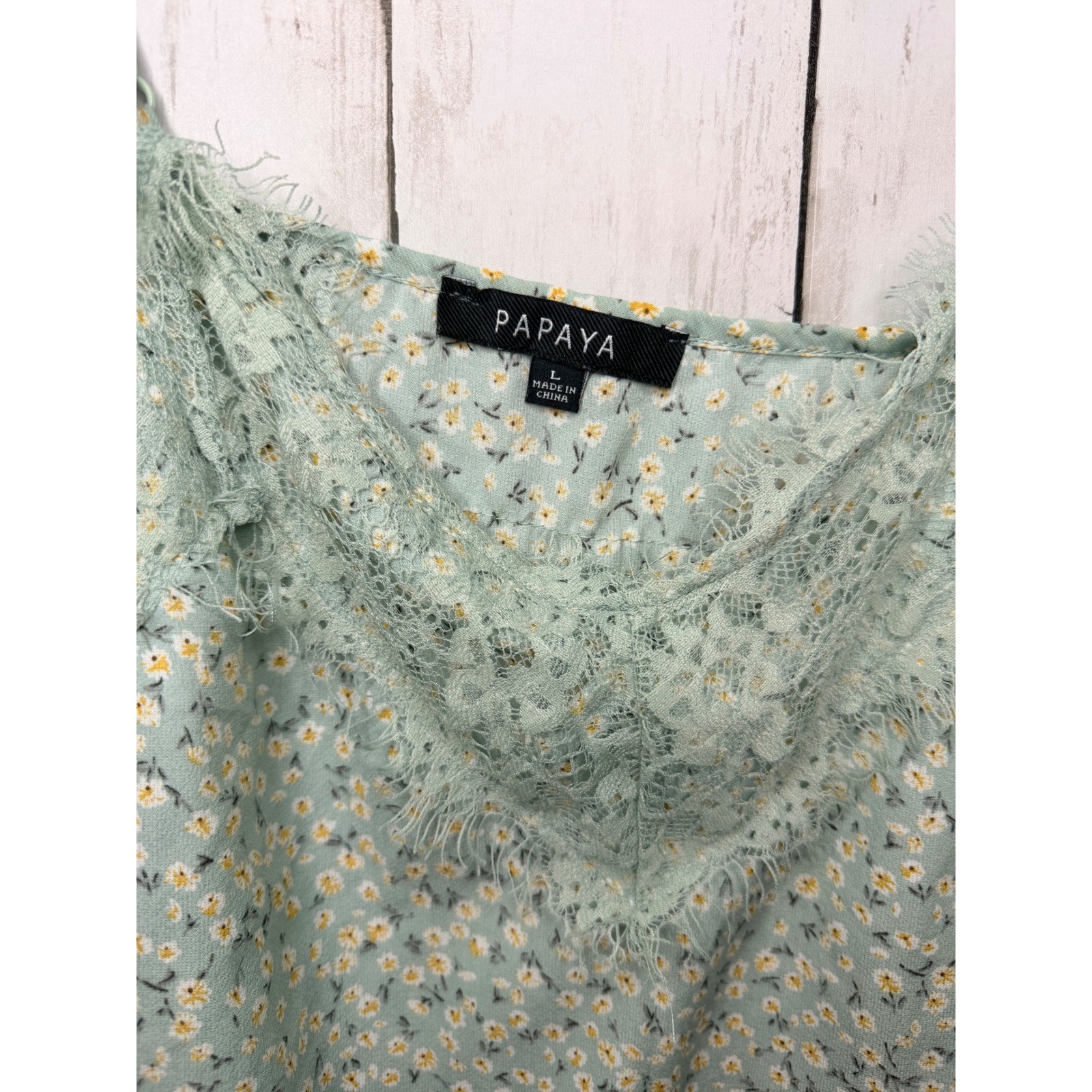 Papaya Sage Green Floral Daisy Lace Trim Camisole Top Large Adjustable Straps