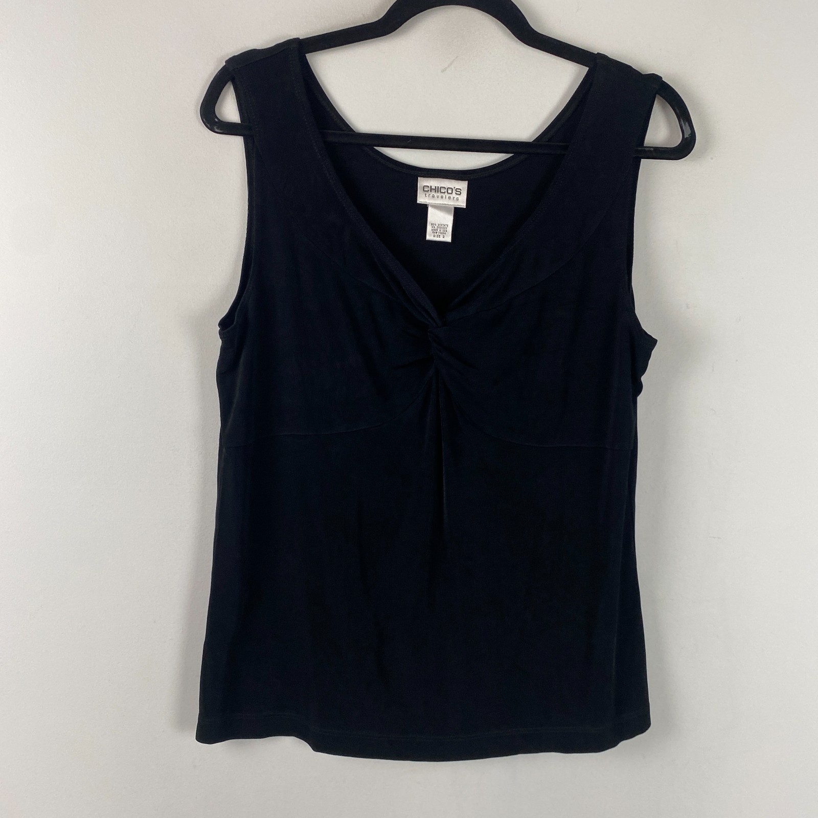 Chicos Travelers Twist Front V Neck Tank Top Size 2 US Large Slinky Knit Black