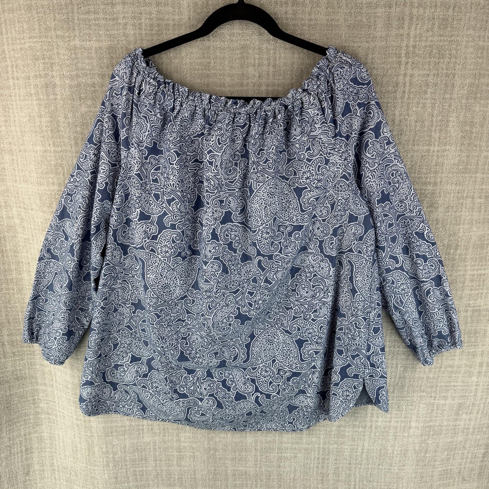 Jones New York Blouse Womens L Blue Paisley Tunic Off Shoulder 3/4 Sleeve