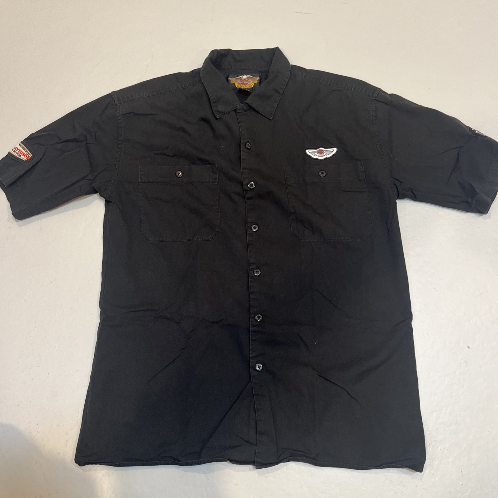 Harley Davidson Shirt Mens XL Black Solid Wisconsin 100 Yrs Patches 2003 Vtg