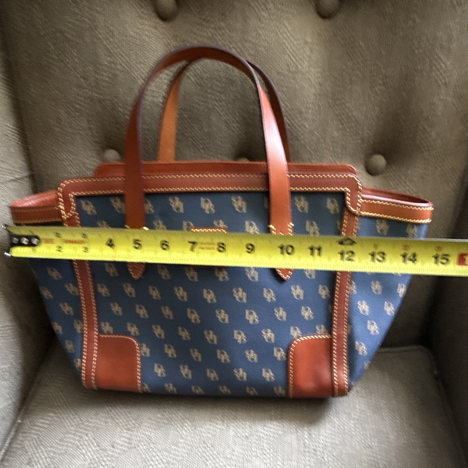 Dooney & Bourke Navy/Brown Monogram Zip Satchel, Strap, Gold Hardware, Pockets
