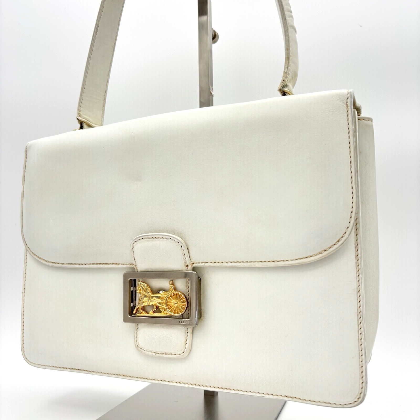 CELINE Horse Carriage hand Bag leather white gold hardware Authentic 0024