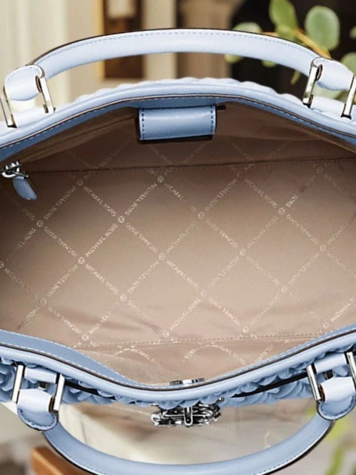 Michael Kors Hamilton Women Medium Matelassé Satchel Bag + Coin Purse Pale Ocean