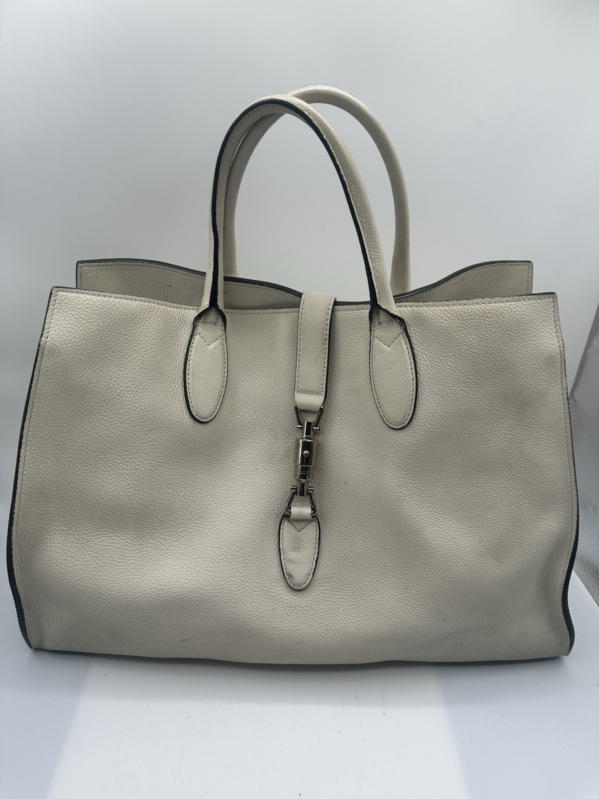 Gucci Jackie Large Soft Pebbles Cream Leather Satchel Tote Handbag