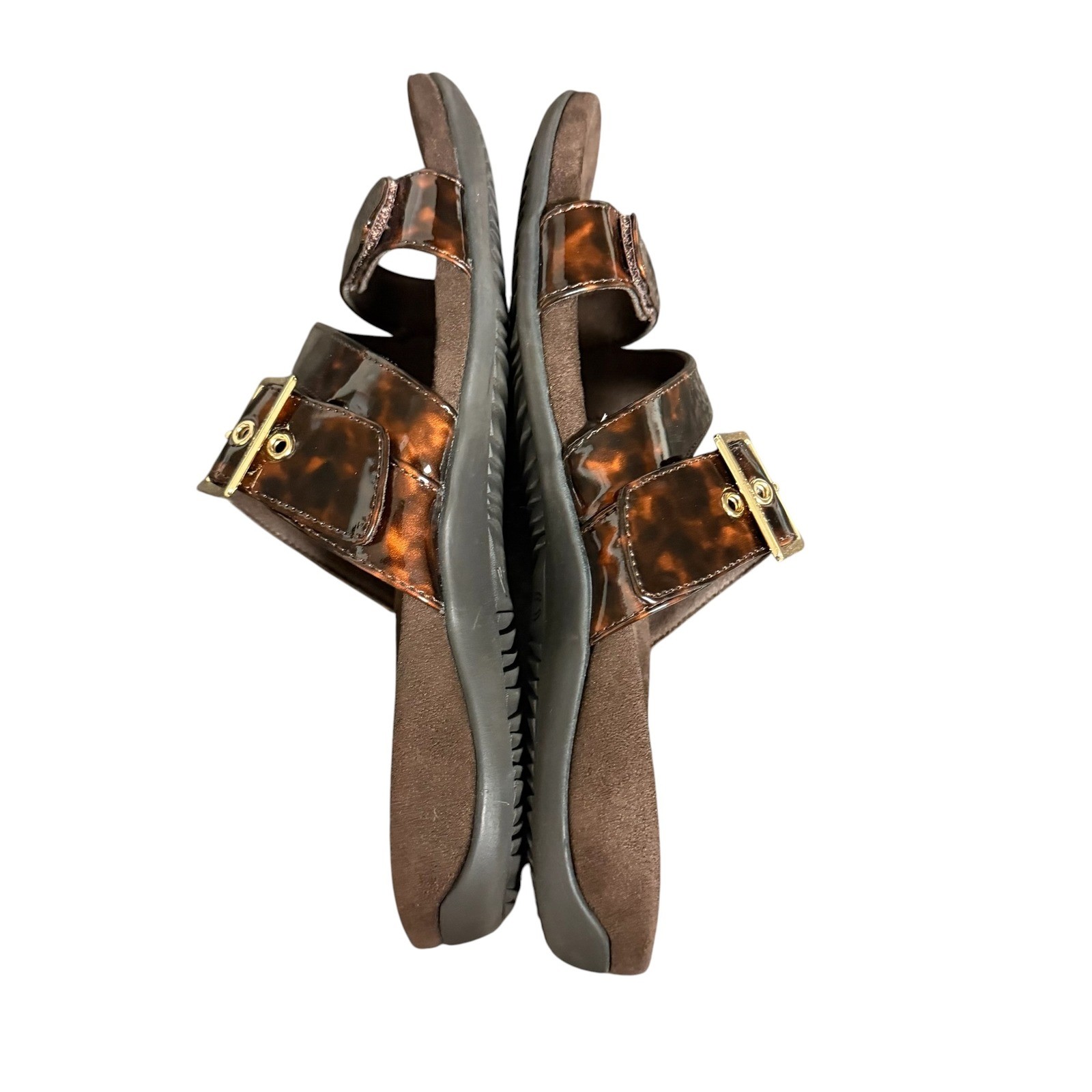 Vionic Skylar Tortoise Shell Patent Adjustable Slide Sandals Brown Gold Buckle