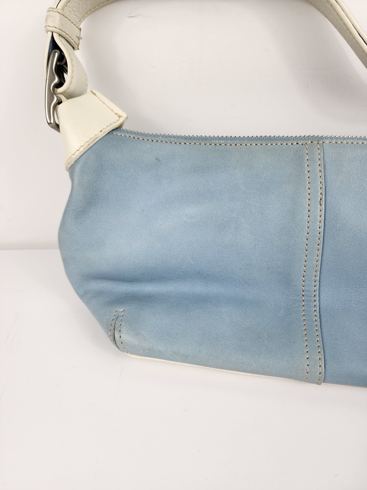 Vintage Coach 9564 Blue Leather Ergo Shoulder Bag Purse White Trim Hobo Baguette