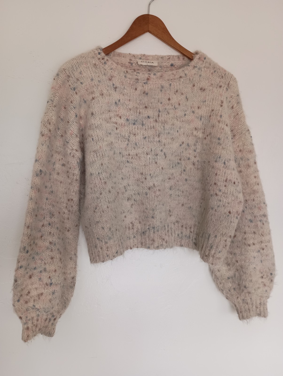 Storia Chunky Knit Pullover Sweater Speckled Balloon Sleeve Ivory Pink Blue S