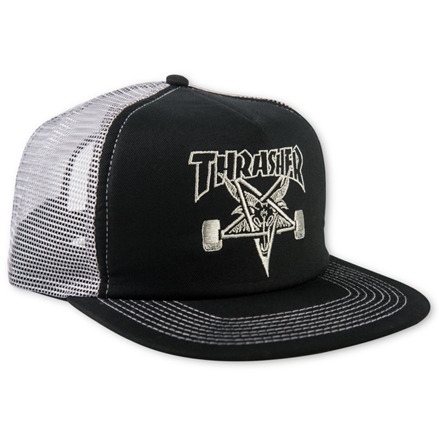 Thrasher Magazine EMBROIDERED SKATE GOAT LOGO Skateboard Trucker Hat BLACK/GREY