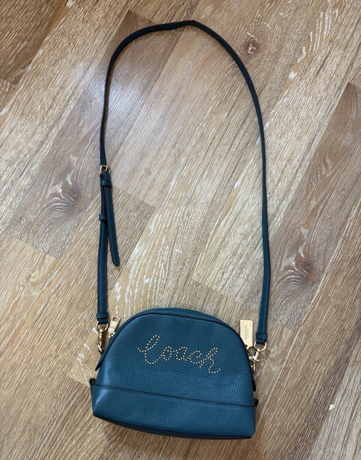 Authentic Coach Green Pebbled Dome Crossbody Zip Bag Logo Studs Detachable Strap