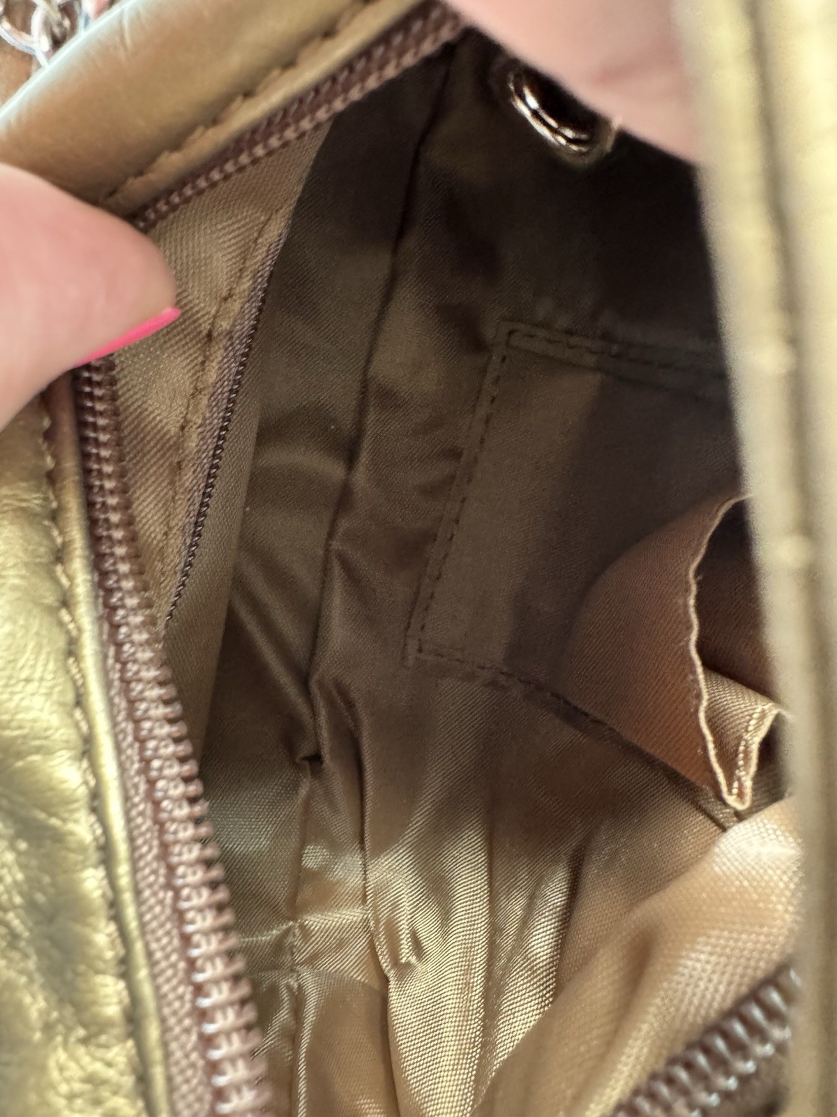 Bronze Metallic Studded Crescent Shoulder Bag Small Zip Closure Inner Pockets