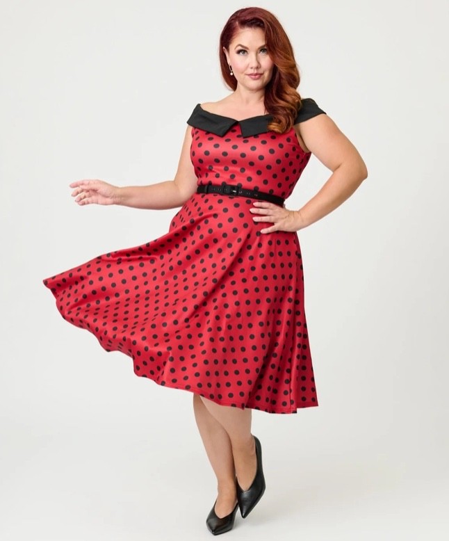 UNIQUE VINTAGE RED & BLACK DOT OFF THE SHOULDER SWING DRESS – NEW – REG & PLUS