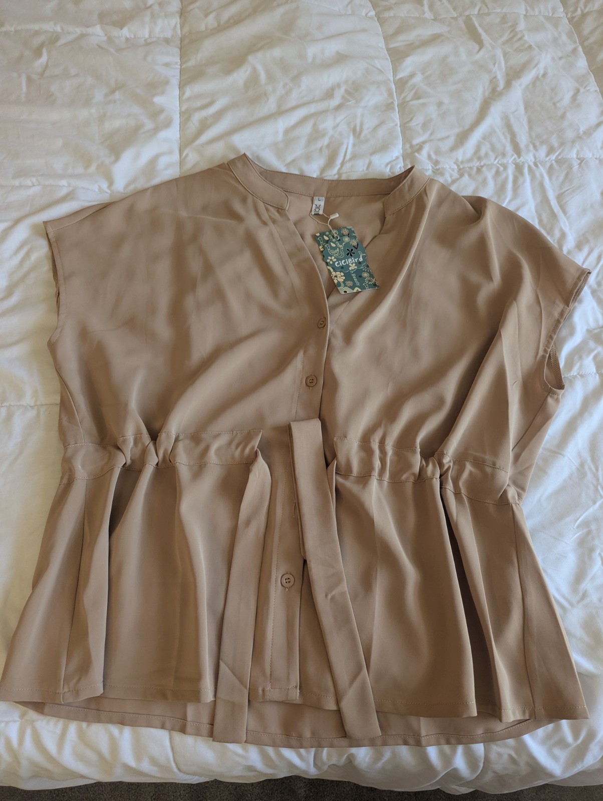 Women’s Taupe Tie-Waist Blouse | Lightweight V-Neck Button Front