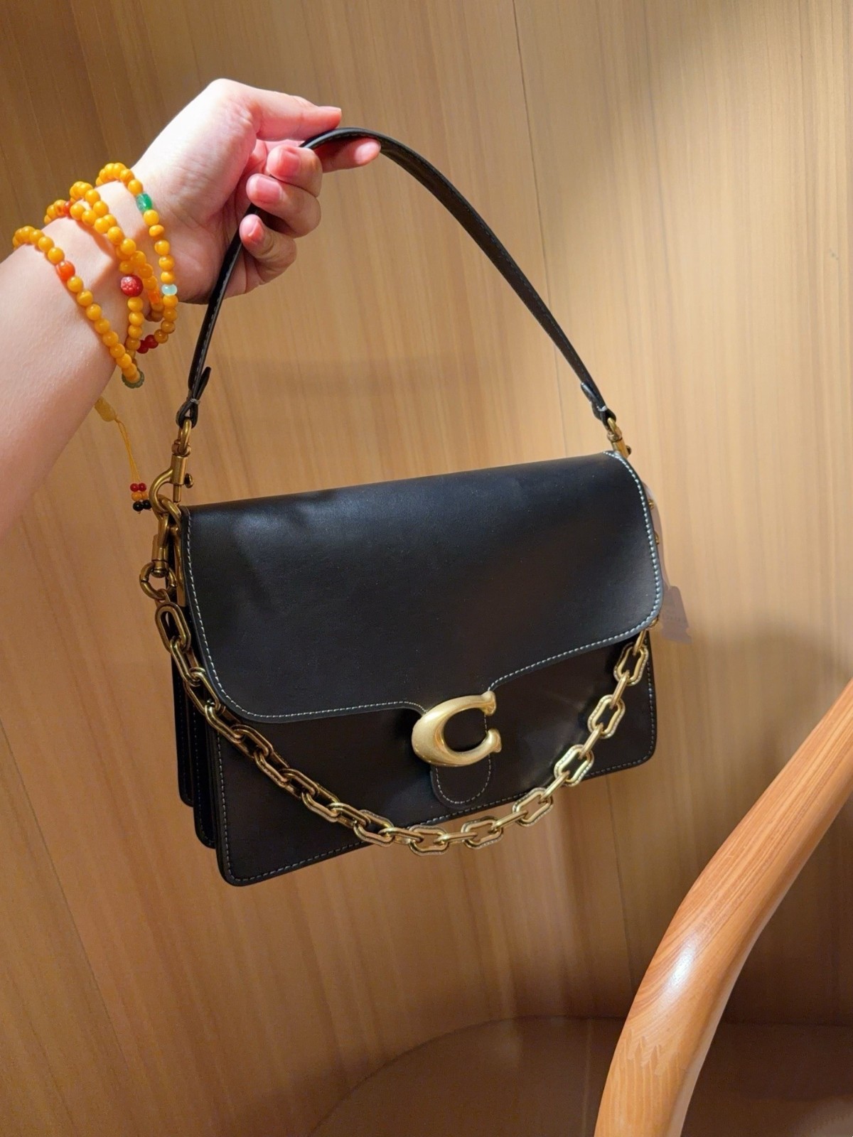 COACH Classic Flap Black Leather Large Shoulder Bag with Chain Crossbody Bag