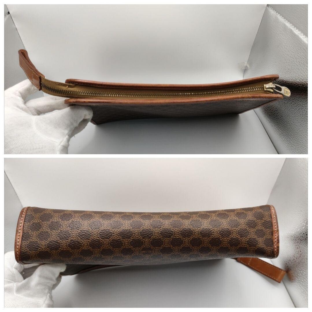 CELINE Macadam Vintage Brown Leather Clutch Bag Unisex Gold Zip From Japan
