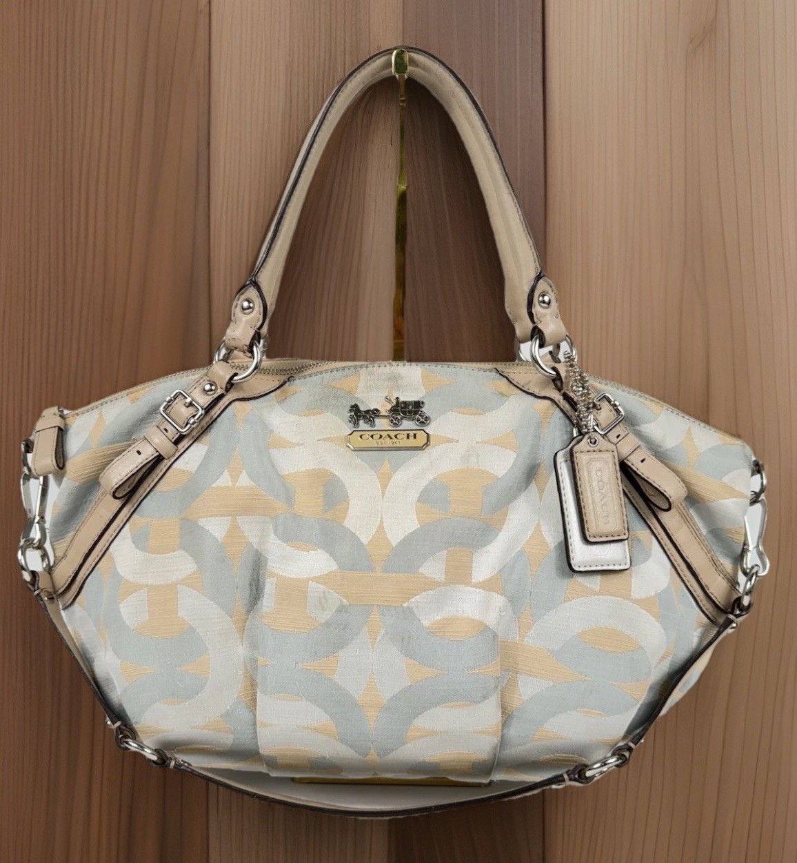 COACH Madison Shantung Chainlink Sophia Satchel Silver Bay Mist Leather/ Fabric
