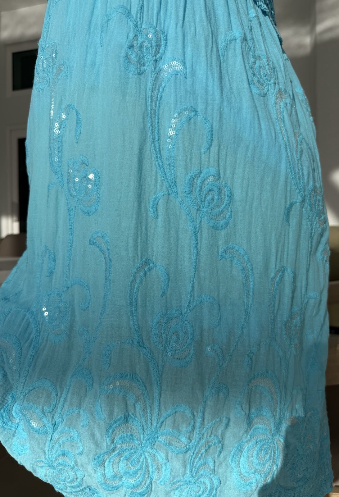 Crochet blue beaded fit and flare summer dress size M/L In great condition