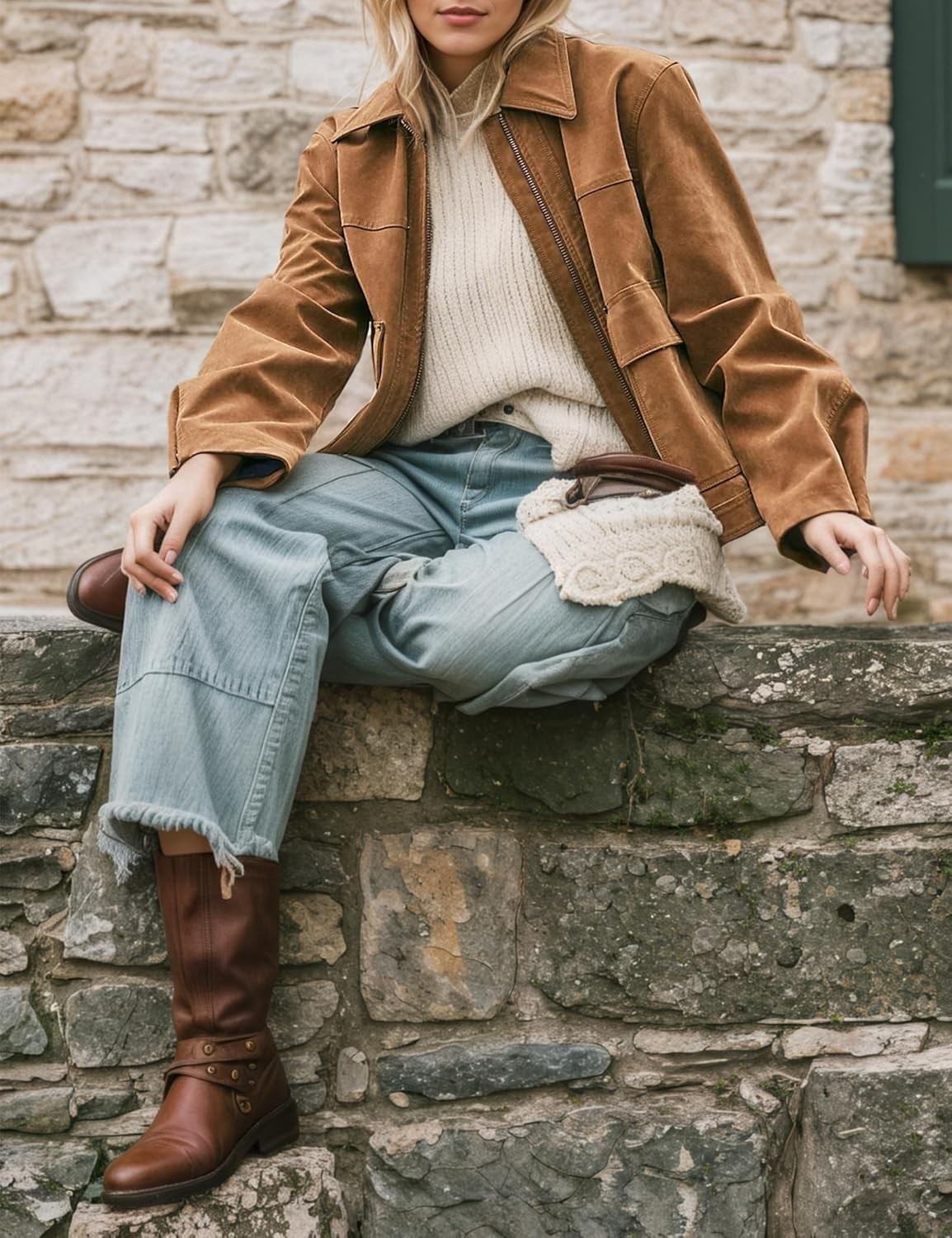 Women Vegan Suede Bomber Lightweight Cropped Jacket Loose Lapel, Size Large